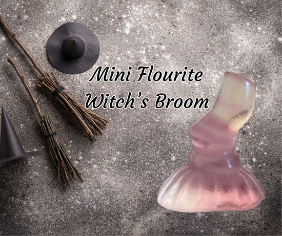 Fluorite Mini Broom — Carved Witch’s Broom Crystal, penny sized. Perfect for spell jar to sweep away stagnant energy. Bring in new beginnings.