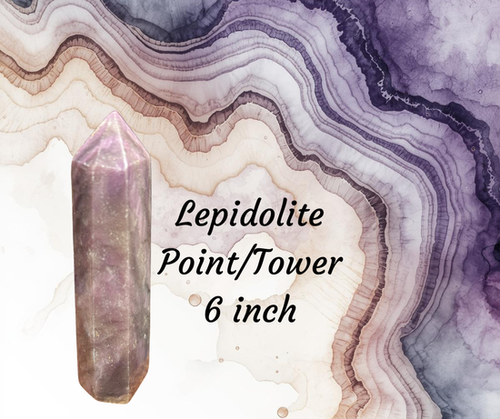 A soothing 6-inch Lepidolite tower in soft lavender tones with natural mica shimmer.
