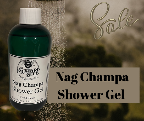 An 8 oz Nag Champa Shower Gel by Mustard Seed, handmade in small batches with the warm, earthy incense aroma that brings grounding, calm, and ritual‑ready cleansing.
