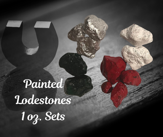 A 1 oz set of painted natural lodestones, color‑coded for ritual clarity and magnetic attraction work, perfect for spellcraft, manifestation bowls, and altar use.