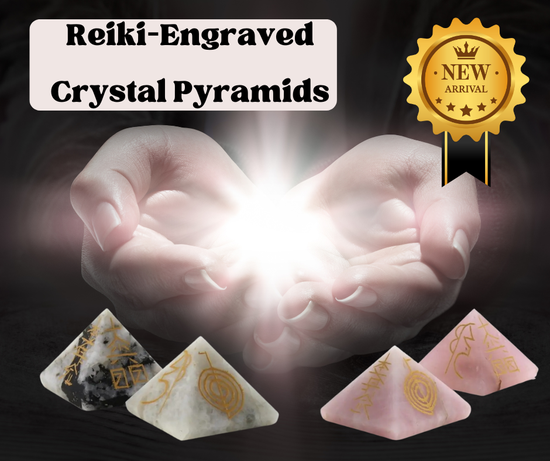 Crystal pyramids engraved with traditional Reiki symbols, crafted to support intention setting, energy alignment, meditation, and elevated altar or healing‑space work.