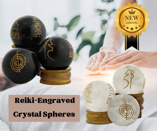 Reiki‑engraved crystal spheres featuring gold symbols to support intention setting, energy alignment, meditation, and elevated altar or healing‑space display.