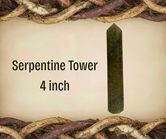 A 3.5–4 inch Serpentine tower with natural olive‑green marbling, offering grounding, soothing energy and supportive clearing for meditation or altar work.