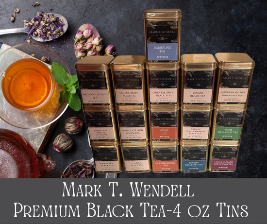 Stack of Mark T. Wendell premium black tea tins.
