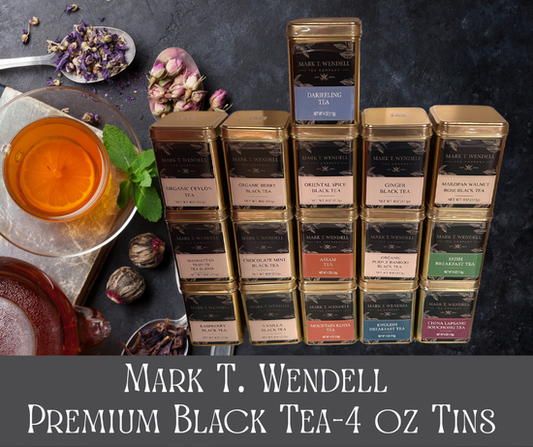 Stack of Mark T. Wendell premium black tea tins.