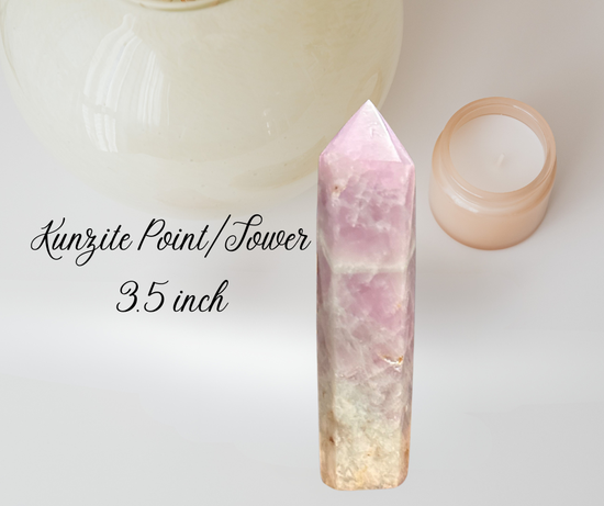A gentle 3.5-inch Kunzite tower with soft lilac‑pink tones and a calming, heart‑centered presence. 