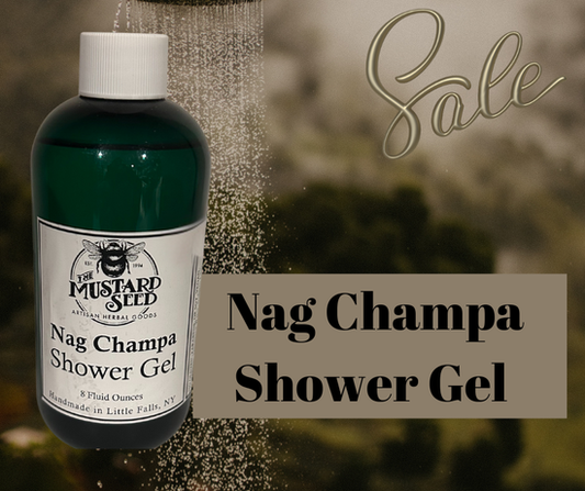 An 8 oz Nag Champa Shower Gel by Mustard Seed, handmade in small batches with the warm, earthy incense aroma that brings grounding, calm, and ritual‑ready cleansing.
