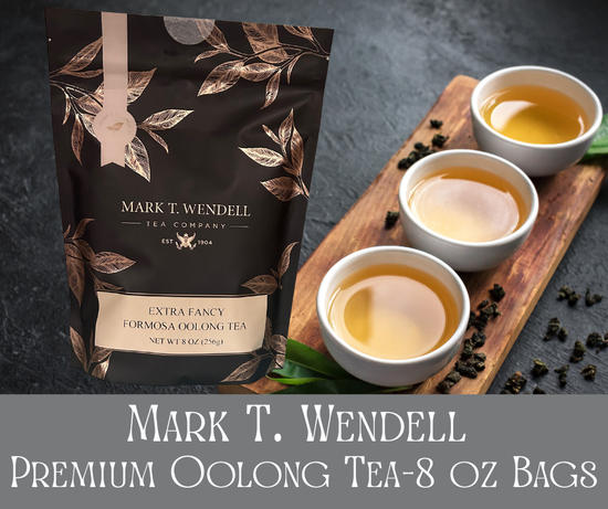An 8 oz bag of Mark T. Wendell Oolong Tea, a smooth loose‑leaf blend with a lightly toasty, mellow flavor—perfect for daily sipping and traditional tea lovers.