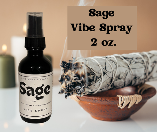 A 2 oz Sage Vibe Spray by Mind Body Nirvana, crafted with pure sage essence to cleanse energy, refresh spaces, and support grounding in daily rituals.