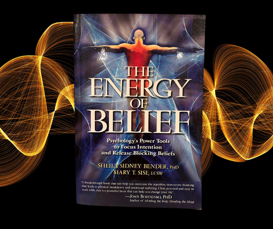 Book titled 'The Energy of Belief' with a mystical design on a dark background